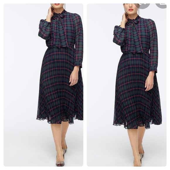 New NWT J crew tie neck pleated A line Dress Green - Picture 2 of 4